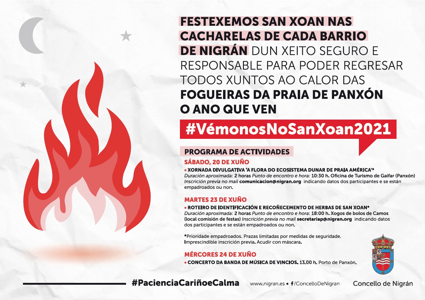 O Concello de Nigrán lanza a campaña #VemonosNoSanXoan2021 para concienciar da imposibilidade de acudir este ano a festexalo á praia de Panxón